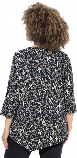 Ulla Popken Ribbon Print 3/4 Sleeve Asymmetric Tee Black - Bedruckte T-shirts für damen - 