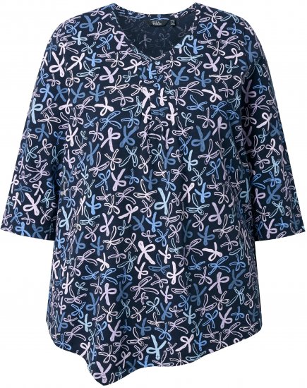 Ulla Popken Ribbon Print 3/4 Sleeve Asymmetric Tee Navy - Bedruckte T-shirts für damen - 