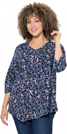Ulla Popken Ribbon Print 3/4 Sleeve Asymmetric Tee Navy - Bedruckte T-shirts für damen - 