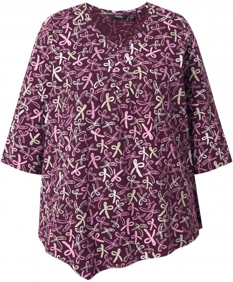 Ulla Popken Ribbon Print 3/4 Sleeve Asymmetric Tee Plum - Bedruckte T-shirts für damen - 