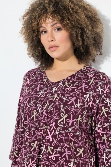 Ulla Popken Ribbon Print 3/4 Sleeve Asymmetric Tee Plum - Bedruckte T-shirts für damen - Bedruckte Shirts für Damen