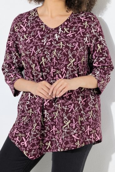 Ulla Popken Ribbon Print 3/4 Sleeve Asymmetric Tee Plum - Bedruckte T-shirts für damen - Bedruckte Shirts für Damen