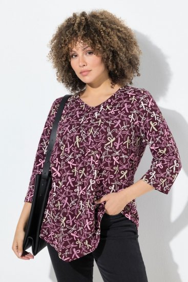 Ulla Popken Ribbon Print 3/4 Sleeve Asymmetric Tee Plum - Bedruckte T-shirts für damen - Bedruckte Shirts für Damen