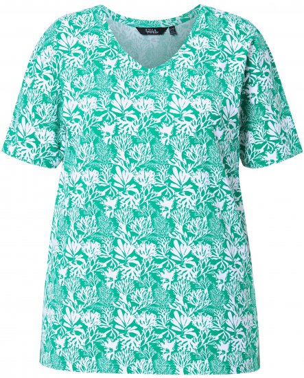 Ulla Popken Coral Reef Printed Short Sleeve V-Neck Tee Emerald - Bedruckte T-shirts für damen - 