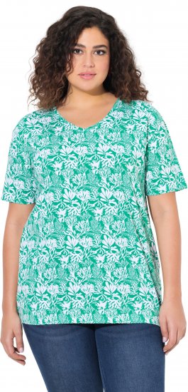 Ulla Popken Coral Reef Printed Short Sleeve V-Neck Tee Emerald - Bedruckte T-shirts für damen - 