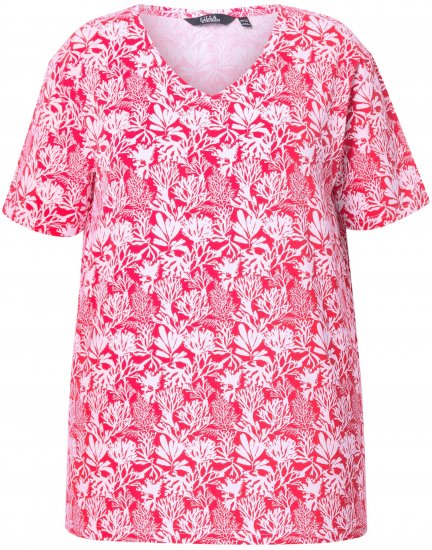 Ulla Popken Coral Reef Printed Short Sleeve V-Neck Tee Lychee - Bedruckte T-shirts für damen - 