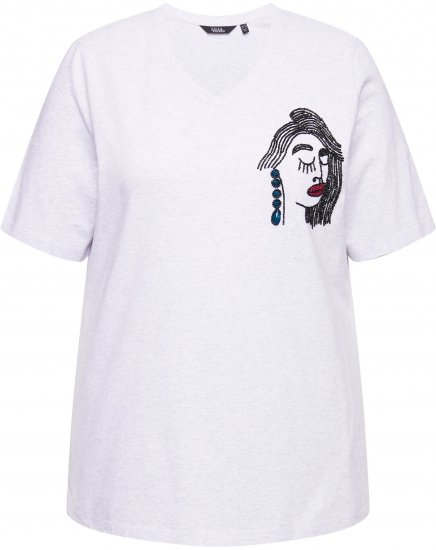 Ulla Popken Embroidered Face Motif Short Sleeve V-Neck Tee Light Grey Melange - Bedruckte T-shirts für damen - 