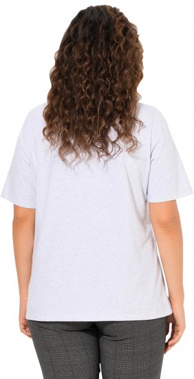 Ulla Popken Embroidered Face Motif Short Sleeve V-Neck Tee Light Grey Melange - Bedruckte T-shirts für damen - 