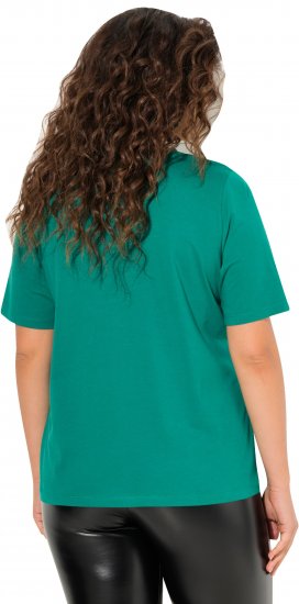 Ulla Popken Embroidered Face Motif Short Sleeve V-Neck Tee Emerald Green - Bedruckte T-shirts für damen - 
