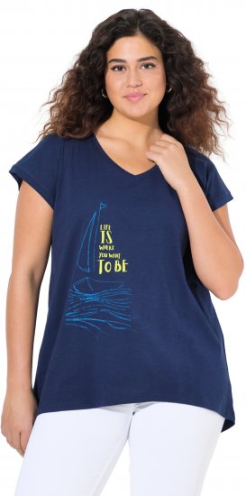 Ulla Popken Half-Sleeve A-line V-Neck Boat Pattern T-Shirt Ink Blue - Bedruckte T-shirts für damen - 