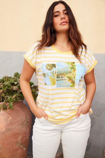 Ulla Popken Striped Short Sleeve Citrus Graphic Tee Sun Yellow - Bedruckte T-shirts für damen - 