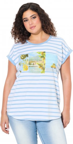 Ulla Popken Striped Short Sleeve Citrus Graphic Tee Light Blue - Bedruckte T-shirts für damen - 