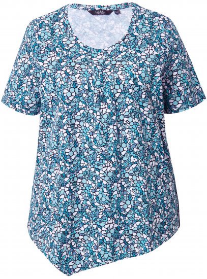 Ulla Popken Floral Pointed Hem Short Sleeve Tee Deep Aqua - Bedruckte T-shirts für damen - 