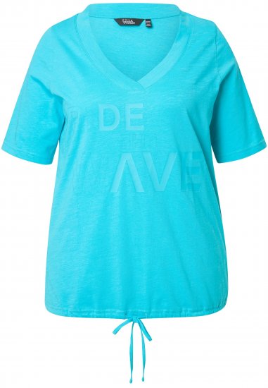 Ulla Popken Ride The Wave Short Sleeve V-Neck Graphic Tee Deep Aqua - Bedruckte T-shirts für damen - 