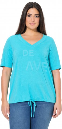 Ulla Popken Ride The Wave Short Sleeve V-Neck Graphic Tee Deep Aqua - Bedruckte T-shirts für damen - 