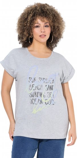 Ulla Popken Long Beach Lettering Cap Sleeve Tee Light Grey Melange - Bedruckte T-shirts für damen - 