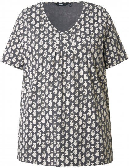 Ulla Popken Cactus Print Short Sleeve V-Neck Tee Graphite Grey - Bedruckte T-shirts für damen - 