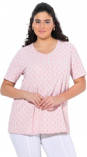 Ulla Popken Cactus Print Short Sleeve V-Neck Tee Pink - Bedruckte T-shirts für damen - 