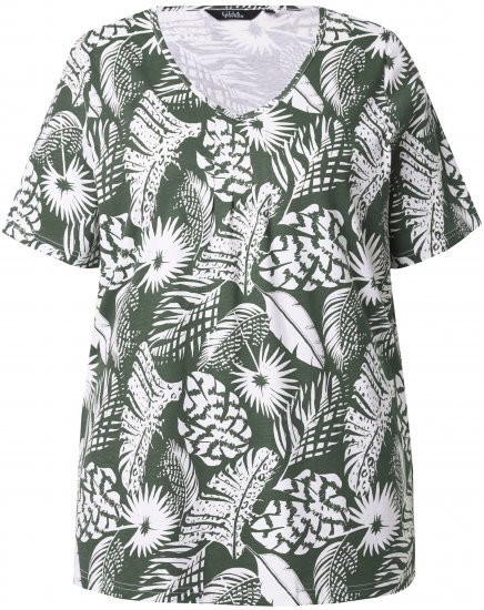 Ulla Popken Feather Print Short Sleeve V-Neck Tee Olive Grey - Bedruckte T-shirts für damen - 