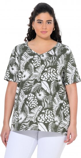 Ulla Popken Feather Print Short Sleeve V-Neck Tee Olive Grey - Bedruckte T-shirts für damen - 