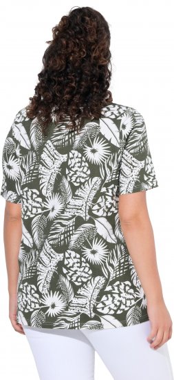 Ulla Popken Feather Print Short Sleeve V-Neck Tee Olive Grey - Bedruckte T-shirts für damen - 