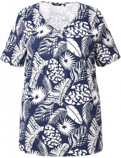 Ulla Popken Feather Print Short Sleeve V-Neck Tee Ink Blue - Bedruckte T-shirts für damen - 