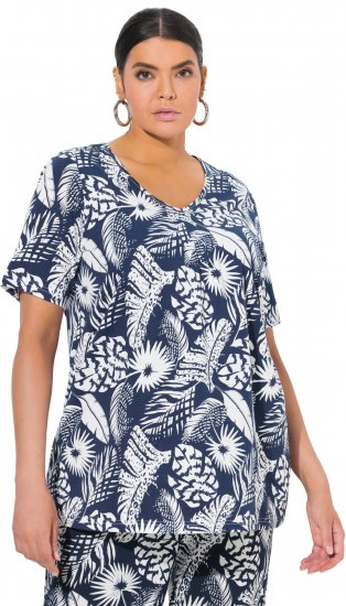 Ulla Popken Feather Print Short Sleeve V-Neck Tee Ink Blue - Bedruckte T-shirts für damen - 