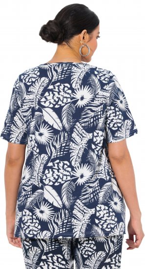 Ulla Popken Feather Print Short Sleeve V-Neck Tee Ink Blue - Bedruckte T-shirts für damen - 
