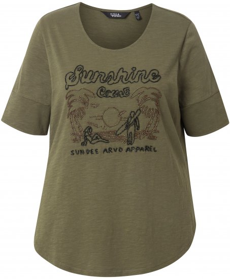 Ulla Popken Beaded Short Sleeve Graphic Tee Olive - Bedruckte T-shirts für damen - 
