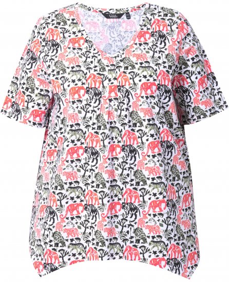 Ulla Popken Half-sleeve A-line V-neck Pointed Hem Animal Pattern T-shirt Snow White - Bedruckte T-shirts für damen - 