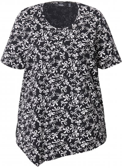 Ulla Popken Bow Print Short Sleeve Pointed Hem Tee Black - Bedruckte T-shirts für damen - 