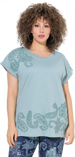 Ulla Popken Textured Paisley Motif Cap Sleeve Tee Light Moss Green - Bedruckte T-shirts für damen - 