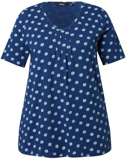 Ulla Popken Tile Print Short Sleeve Pleated Tee Dark Blue - Bedruckte T-shirts für damen - 