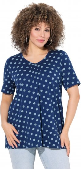 Ulla Popken Tile Print Short Sleeve Pleated Tee Dark Blue - Bedruckte T-shirts für damen - 