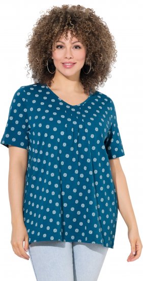 Ulla Popken Tile Print Short Sleeve Pleated Tee Teal - Bedruckte T-shirts für damen - 