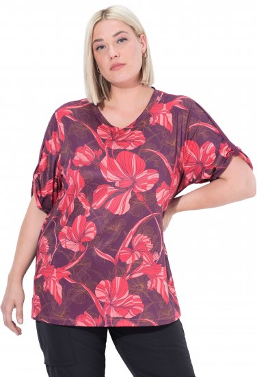 Ulla Popken Quick Drying Flower Print Short Sleeve Tee Dark Cherry - Bedruckte T-shirts für damen - 