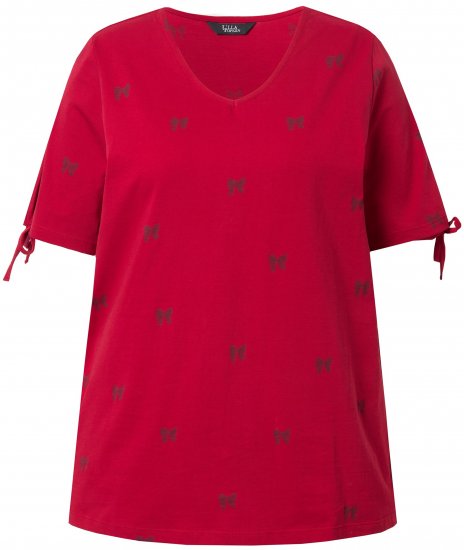 Ulla Popken Bow Print Split Sleeve Tee Ruby Red - Bedruckte T-shirts für damen - 
