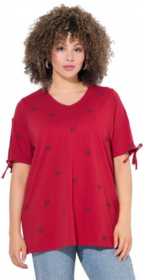 Ulla Popken Bow Print Split Sleeve Tee Ruby Red - Bedruckte T-shirts für damen - 