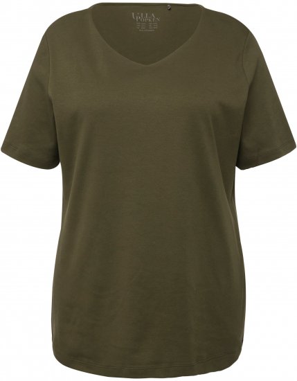 Ulla Popken Double Layer Rounded V-Neck Slim Fit Tee Forest Green - T-Shirts - 