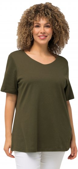 Ulla Popken Double Layer Rounded V-Neck Slim Fit Tee Forest Green - T-Shirts - 