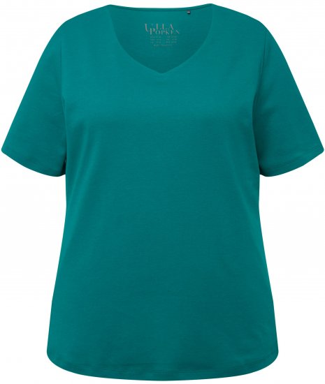Ulla Popken Double Layer Rounded V-Neck Slim Fit Tee Dark Emerald - T-Shirts - 