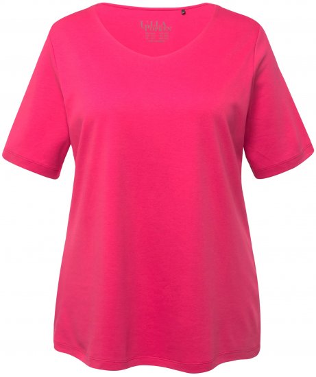 Ulla Popken Double Layer Rounded V-Neck Slim Fit Tee Dark Pink - T-Shirts - 