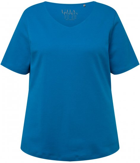 Ulla Popken Double Layer Rounded V-Neck Slim Fit Tee Medium Blue - T-Shirts - 
