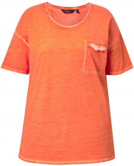 Ulla Popken Cold Dye Ruffle Edge Pocket Tee Coral Pink - T-Shirts - 