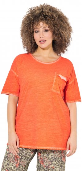 Ulla Popken Cold Dye Ruffle Edge Pocket Tee Coral Pink - T-Shirts - 