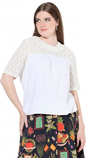 Ulla Popken Lace Yoke Short Sleeve T-Shirt Snow White - T-Shirts - 