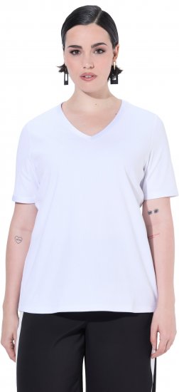 Ulla Popken Satin Trimmed Ribbed Jersey Short Sleeve T-Shirt Snow White - T-Shirts - 