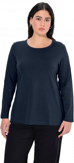 Ulla Popken Basic Round Neck Long Sleeve Slim Fit Cotton Tee Navy Blue - T-Shirts - 