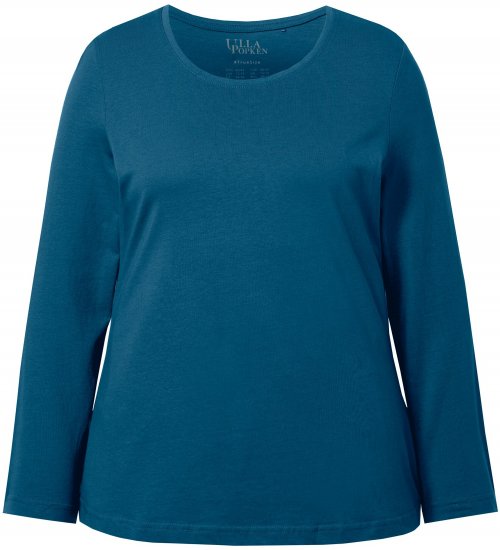 Ulla Popken Basic Round Neck Long Sleeve Slim Fit Cotton Tee Cerulean - T-Shirts - 
