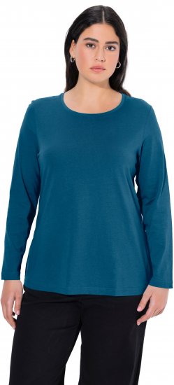 Ulla Popken Basic Round Neck Long Sleeve Slim Fit Cotton Tee Cerulean - T-Shirts - 